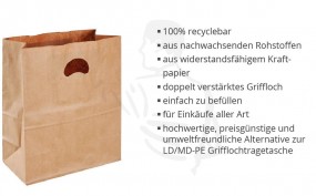 Papierkreuzbodensack 220+100x360 (9-10 Liter) mit Henkel, kompostierbar für Bioabfälle, 80g/m²