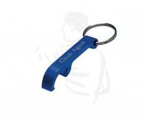 Flaschenöffner für Hose/Schlüsselbund, blau mit Schlüsselring und CleanAgent Druck