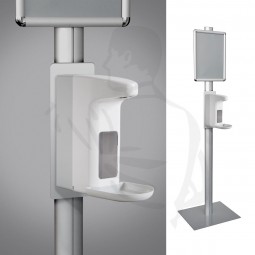 Seifen-Desinfektionssäule mit Fuß und Schild 1,81m weiß/grau mit Sensor Spender aus Kunststoff 500ml