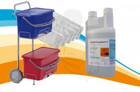 Erstaustattung Set für vorpräparierte Wischbezüge bestehend aus Microfaserbezug/Box/Desinfektion