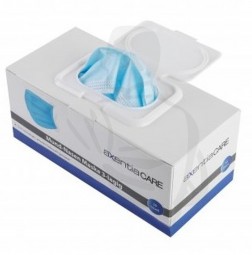 Gesichtsmaske 3-lg, blau/weiß mit Gummizügen und einstellbarem Nasenrücken aus Vlies in Spenderbox